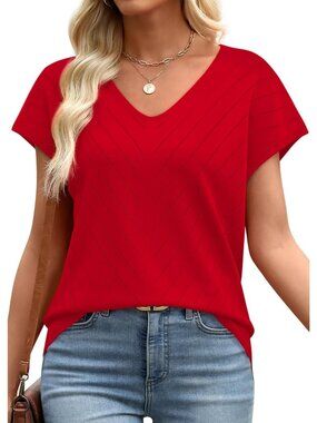Women's Red Trendy Summer Tops Sweater Pullover V-Neck Pull On Short Sleeve
